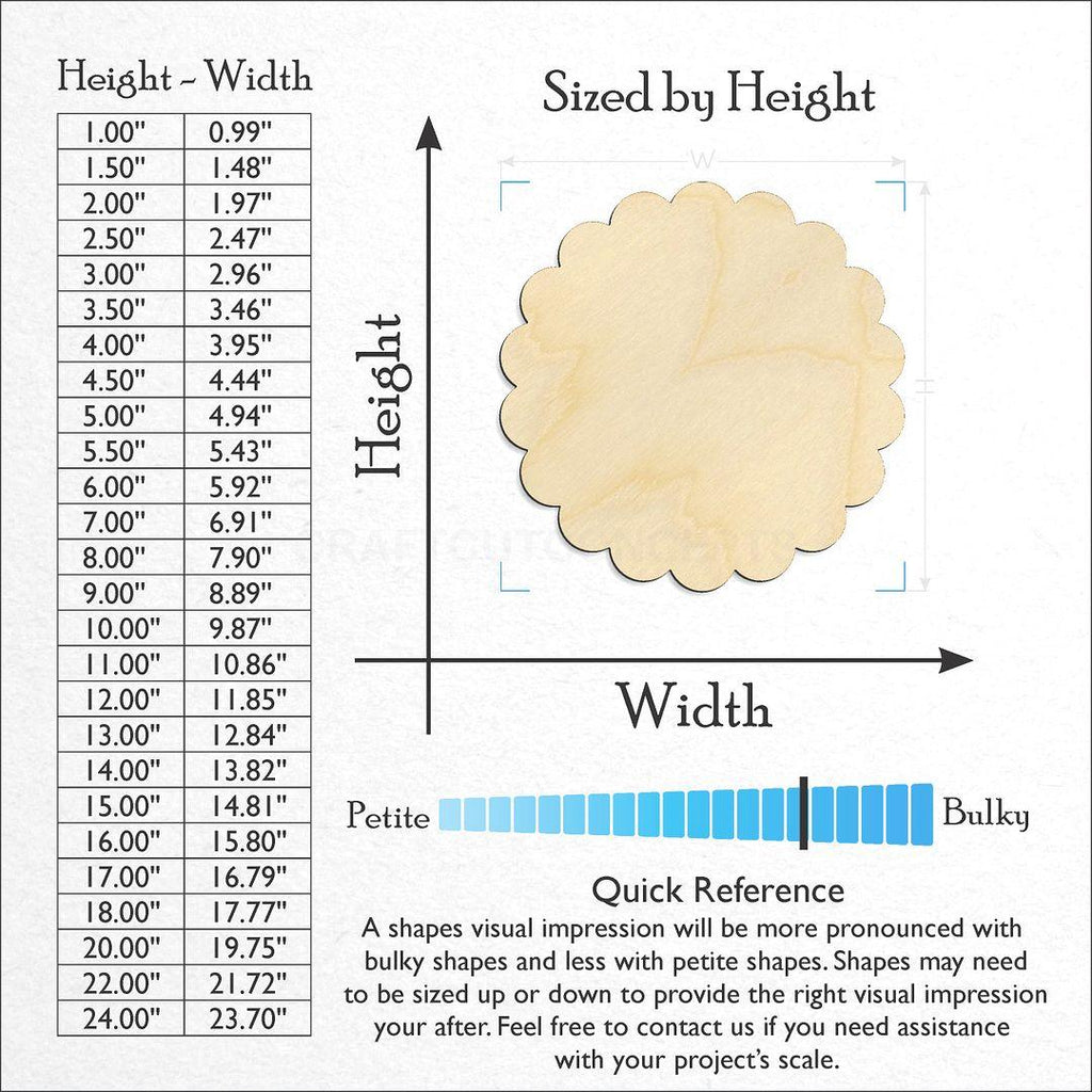 Sizes available for a laser cut Scalloped Circle craft blank