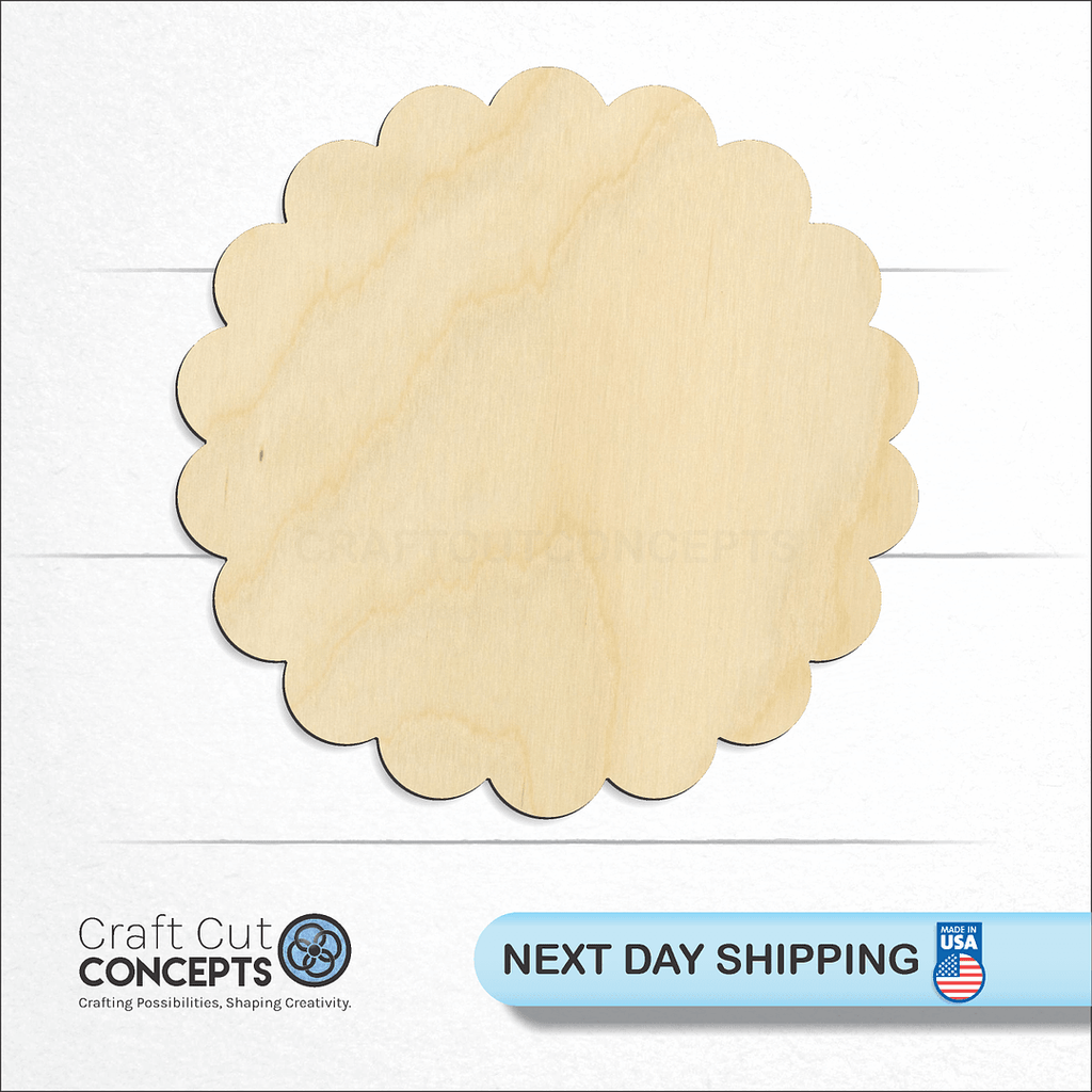 Craft Cut Concepts logo and next day shipping banner with an unfinished wood Scalloped Circle craft shape and blank