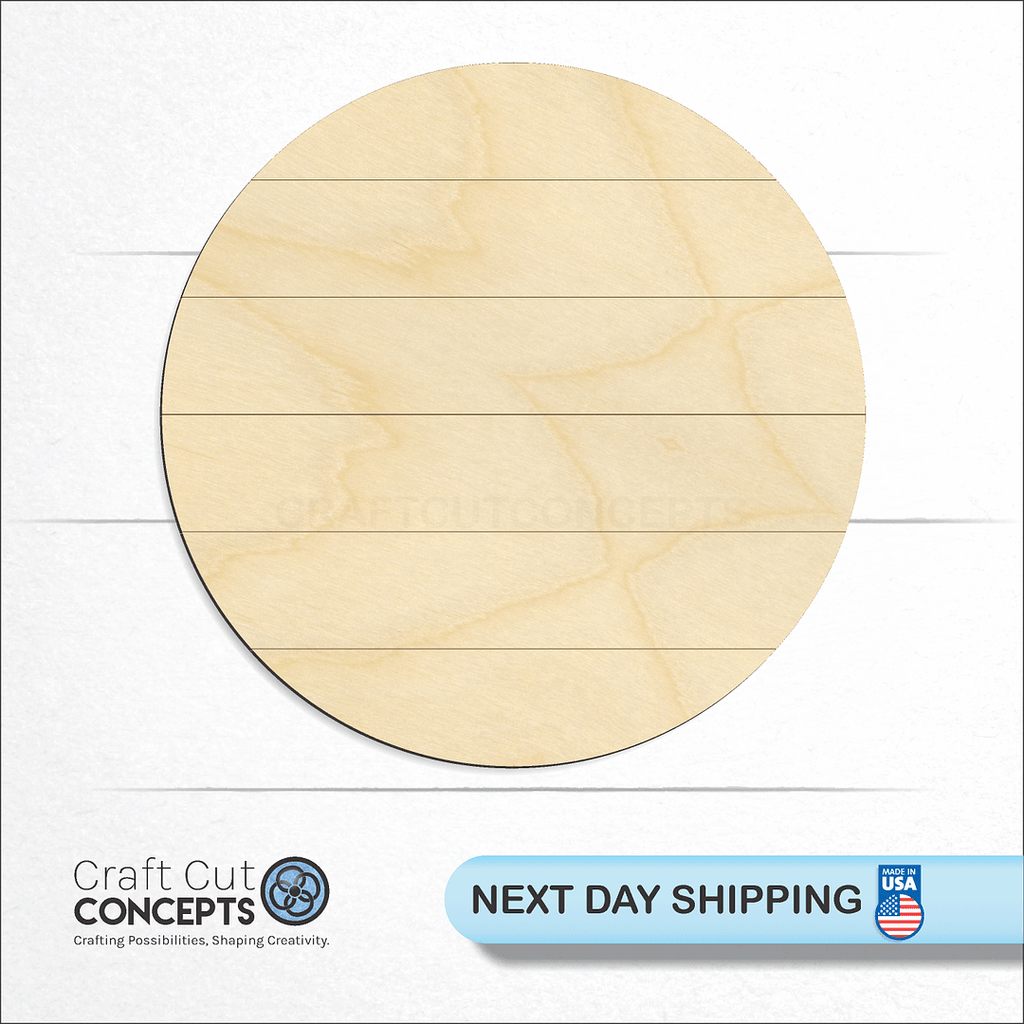 Craft Cut Concepts logo and next day shipping banner with an unfinished wood Faux Shiplap Circle craft shape and blank