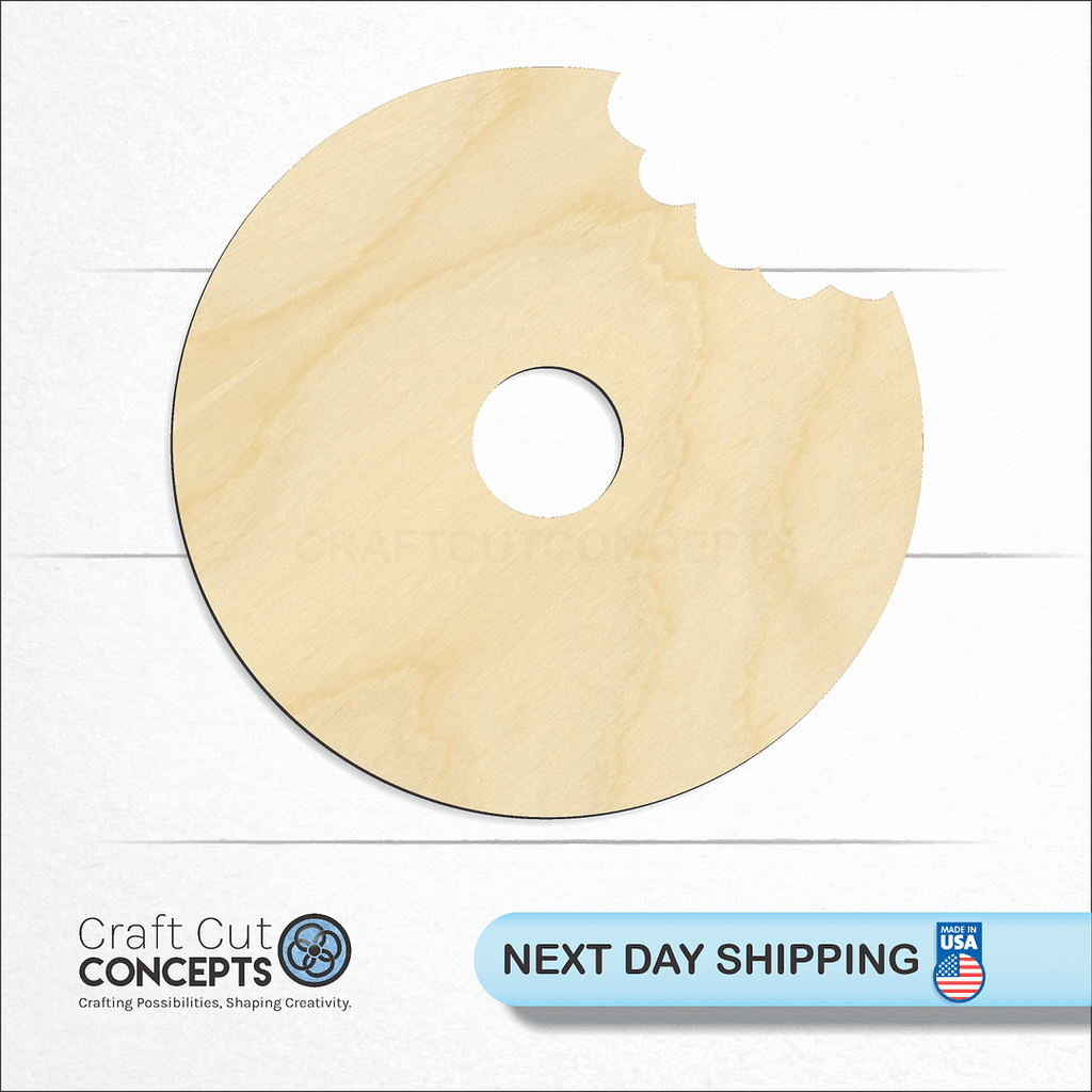 Craft Cut Concepts logo and next day shipping banner with an unfinished wood Donut Bite craft shape and blank