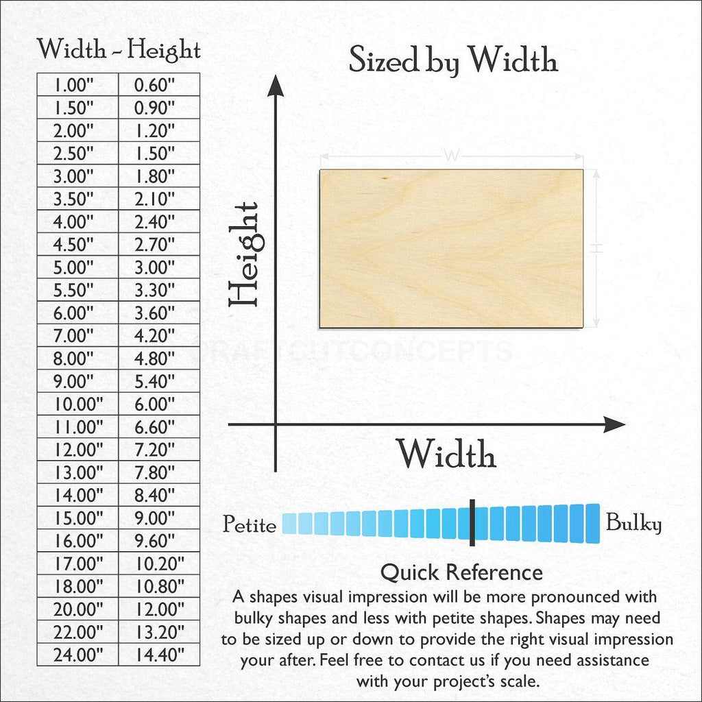 Sizes available for a laser cut 60P Rectangle craft blank