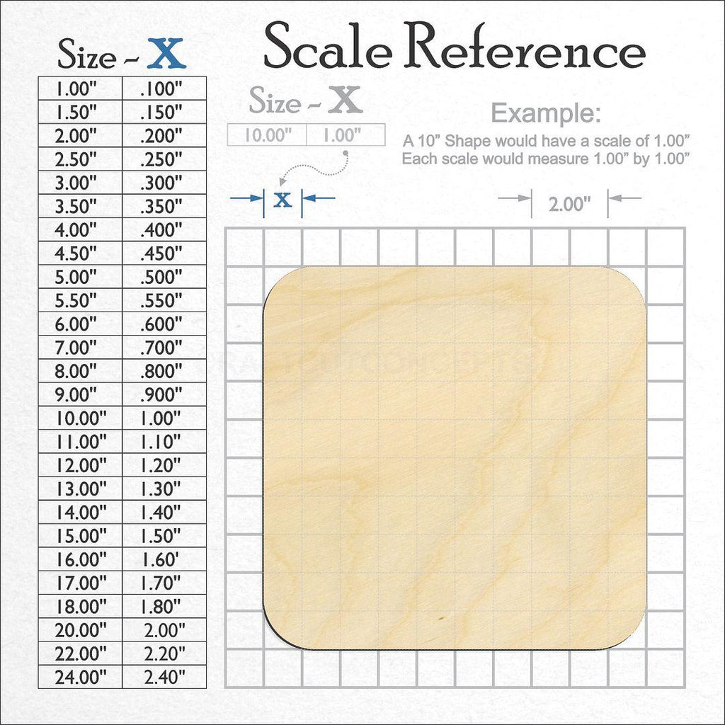 A scale and graph image showing a wood Rounded Square craft blank