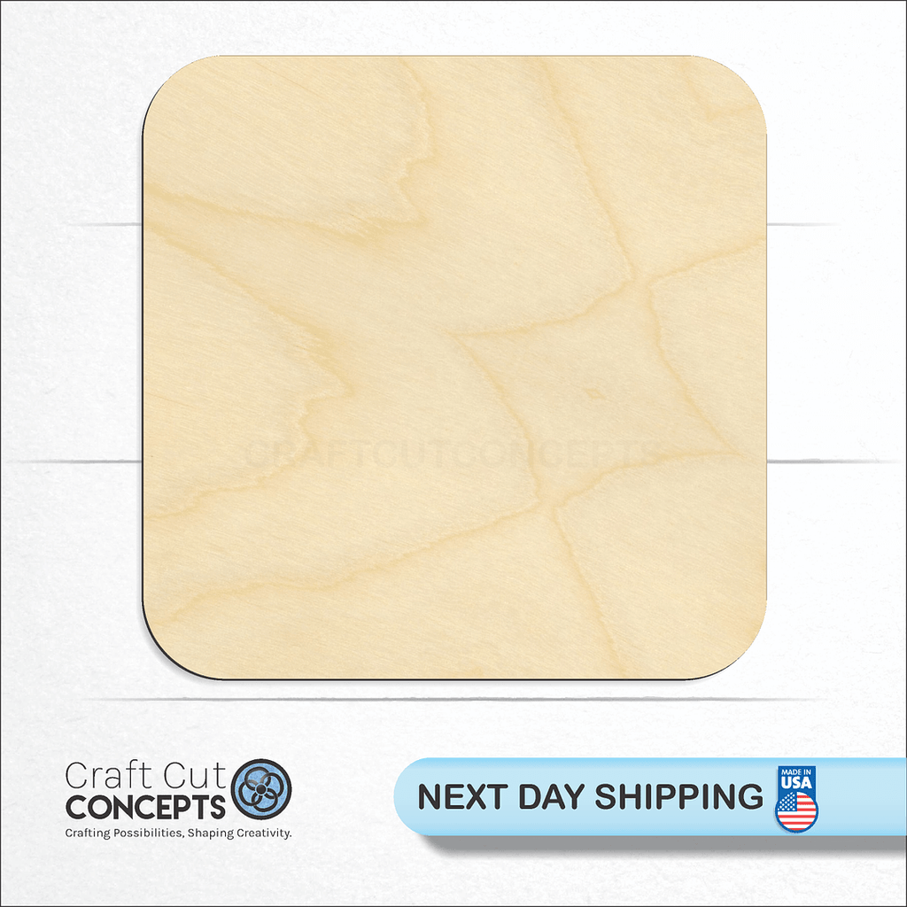 Craft Cut Concepts logo and next day shipping banner with an unfinished wood Rounded Square craft shape and blank