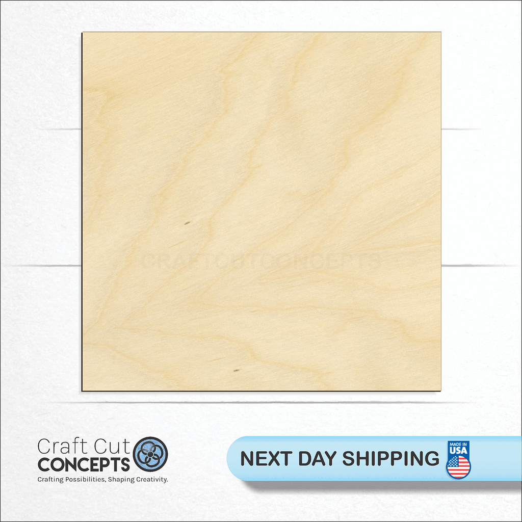 Craft Cut Concepts logo and next day shipping banner with an unfinished wood Square craft shape and blank