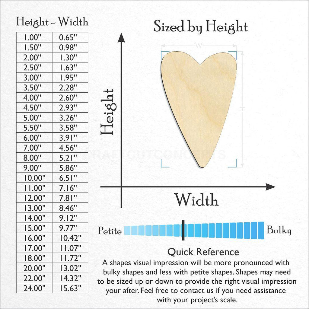 Sizes available for a laser cut Primitive Heart craft blank