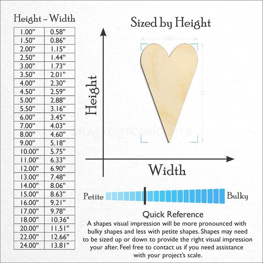 Sizes available for a laser cut Primitive Heart craft blank
