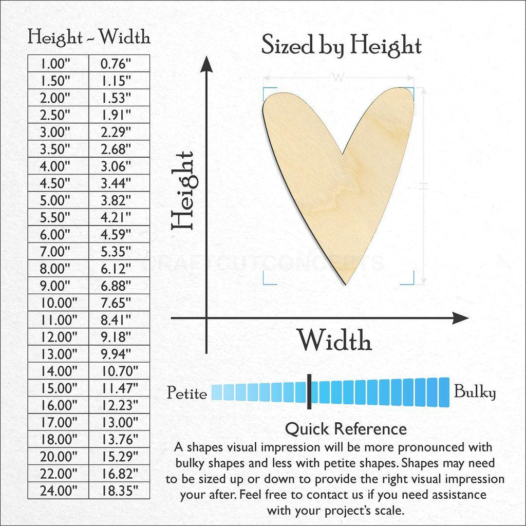 Sizes available for a laser cut Heart craft blank