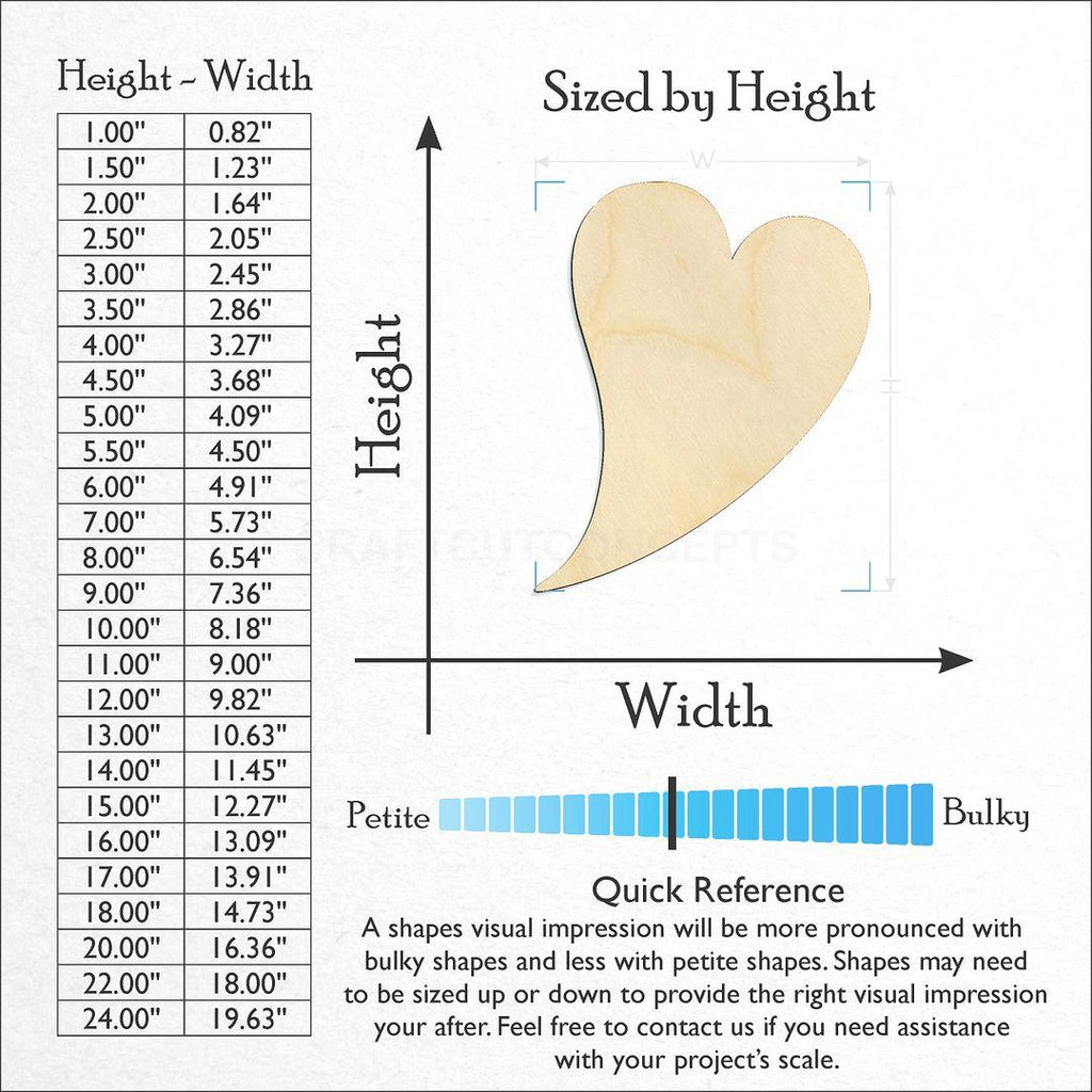 Sizes available for a laser cut Flying Heart craft blank