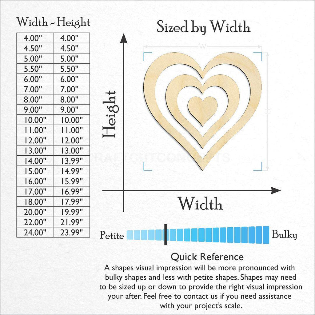 Sizes available for a laser cut Pieced Heart craft blank