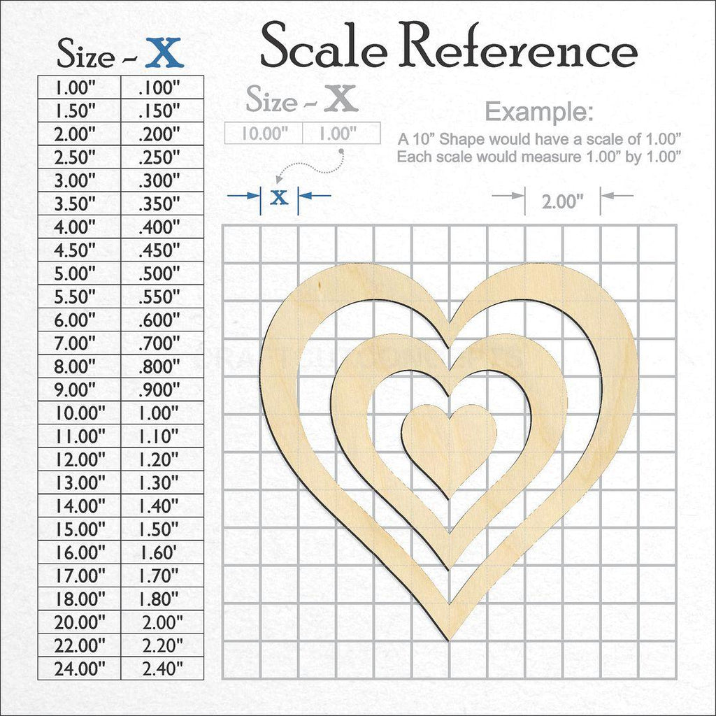 A scale and graph image showing a wood Pieced Heart craft blank