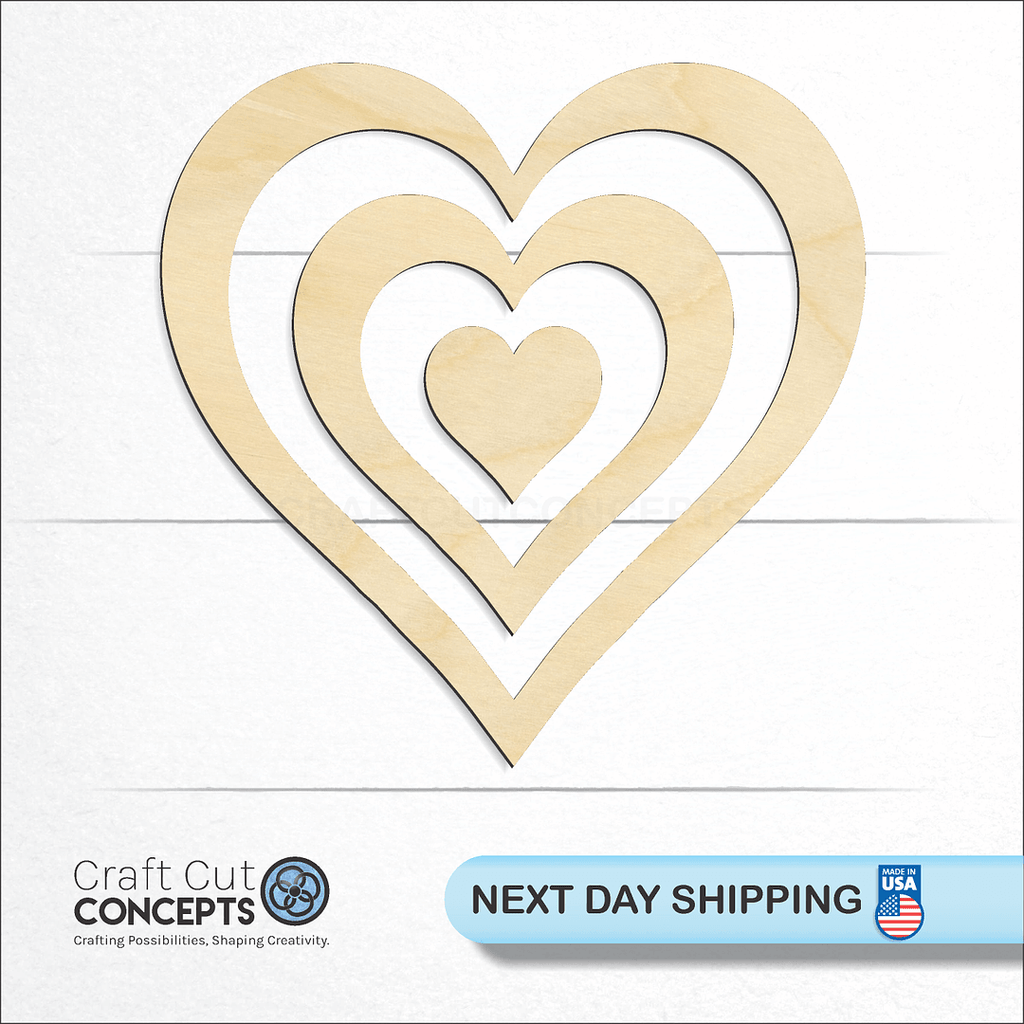 Craft Cut Concepts logo and next day shipping banner with an unfinished wood Pieced Heart craft shape and blank