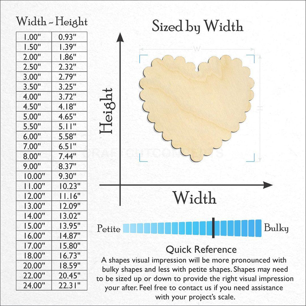 Sizes available for a laser cut Scalloped Heart craft blank