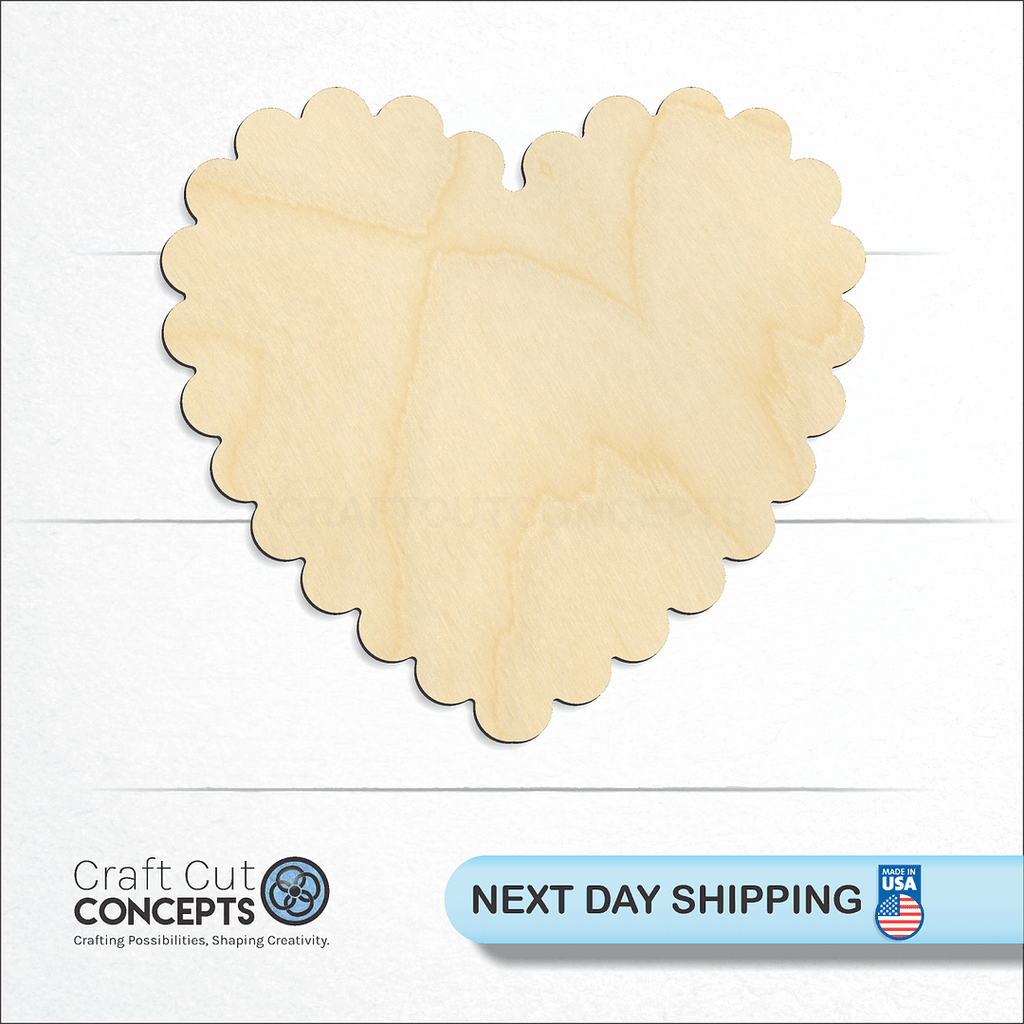 Craft Cut Concepts logo and next day shipping banner with an unfinished wood Scalloped Heart craft shape and blank