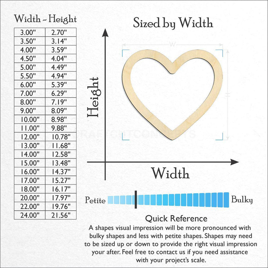 Sizes available for a laser cut Hollow Heart craft blank