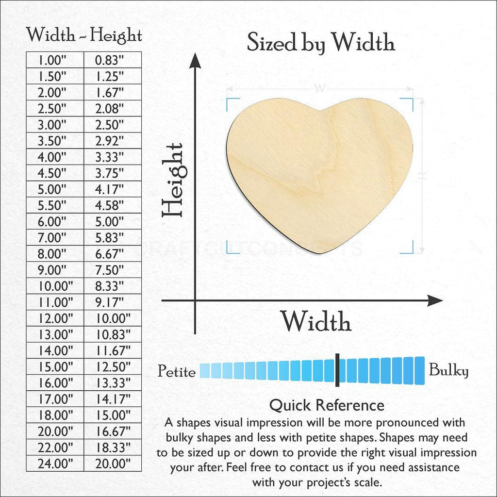 Sizes available for a laser cut Fat Heart craft blank