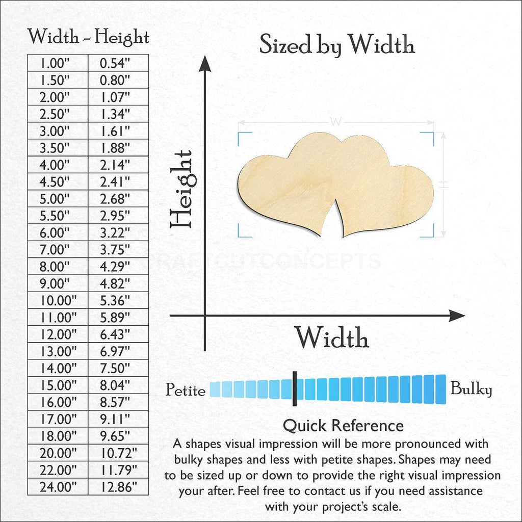 Sizes available for a laser cut Pair Heart craft blank