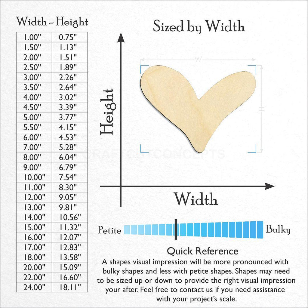 Sizes available for a laser cut Whimsical Heart craft blank