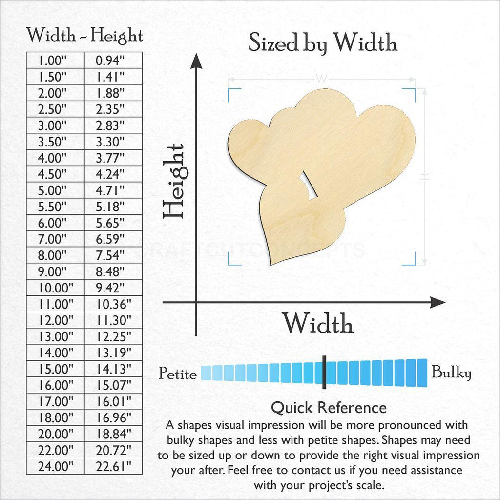 Sizes available for a laser cut Three Heart craft blank