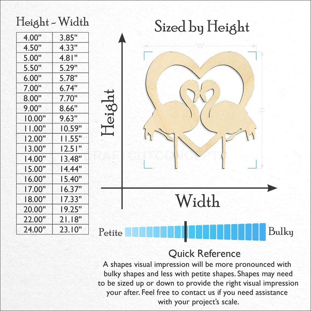 Sizes available for a laser cut Flamingo Heart craft blank