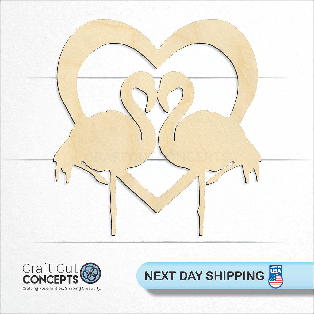 Craft Cut Concepts logo and next day shipping banner with an unfinished wood Flamingo Heart craft shape and blank