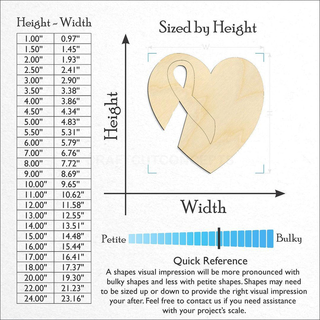 Sizes available for a laser cut Ribbon Heart craft blank