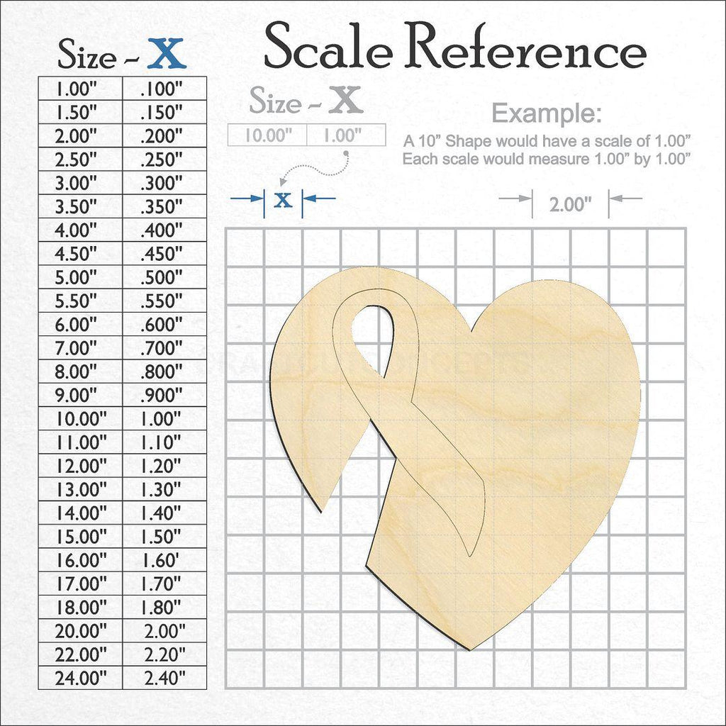 A scale and graph image showing a wood Ribbon Heart craft blank