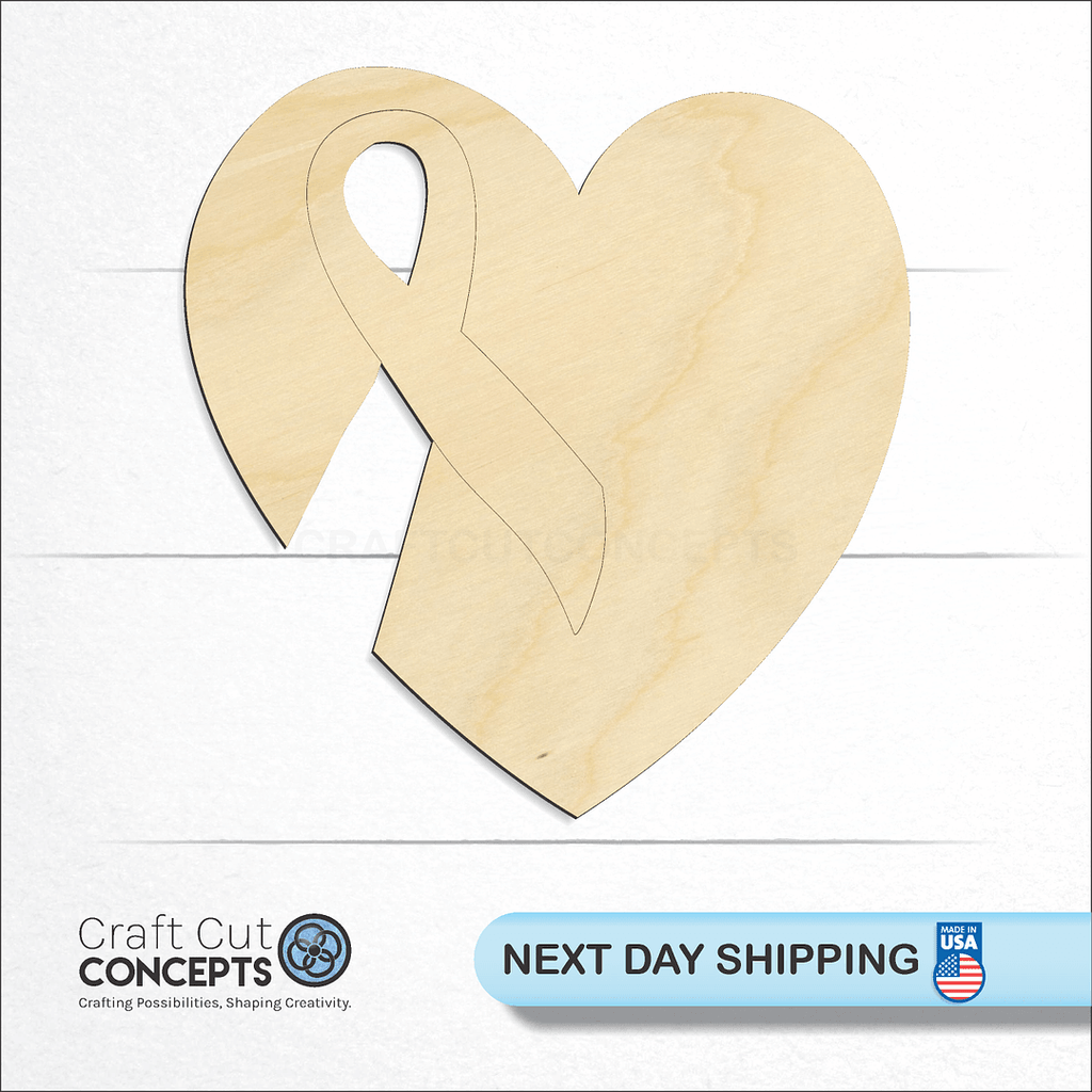 Craft Cut Concepts logo and next day shipping banner with an unfinished wood Ribbon Heart craft shape and blank