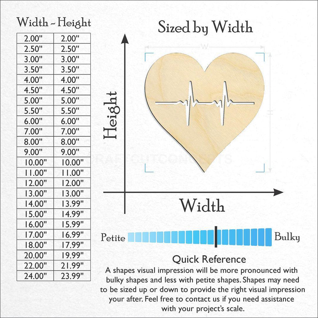 Sizes available for a laser cut Heartbeat Heart craft blank