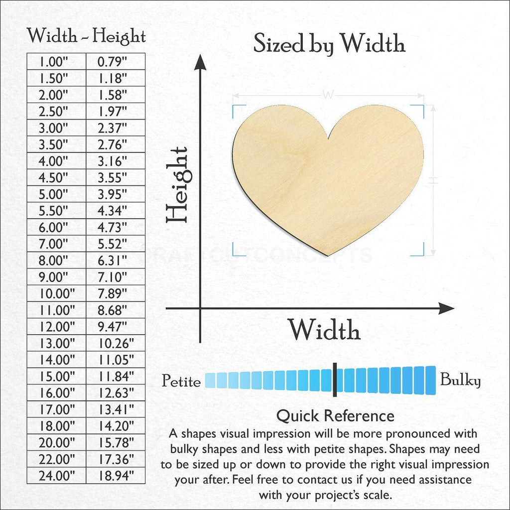 Sizes available for a laser cut Heart craft blank