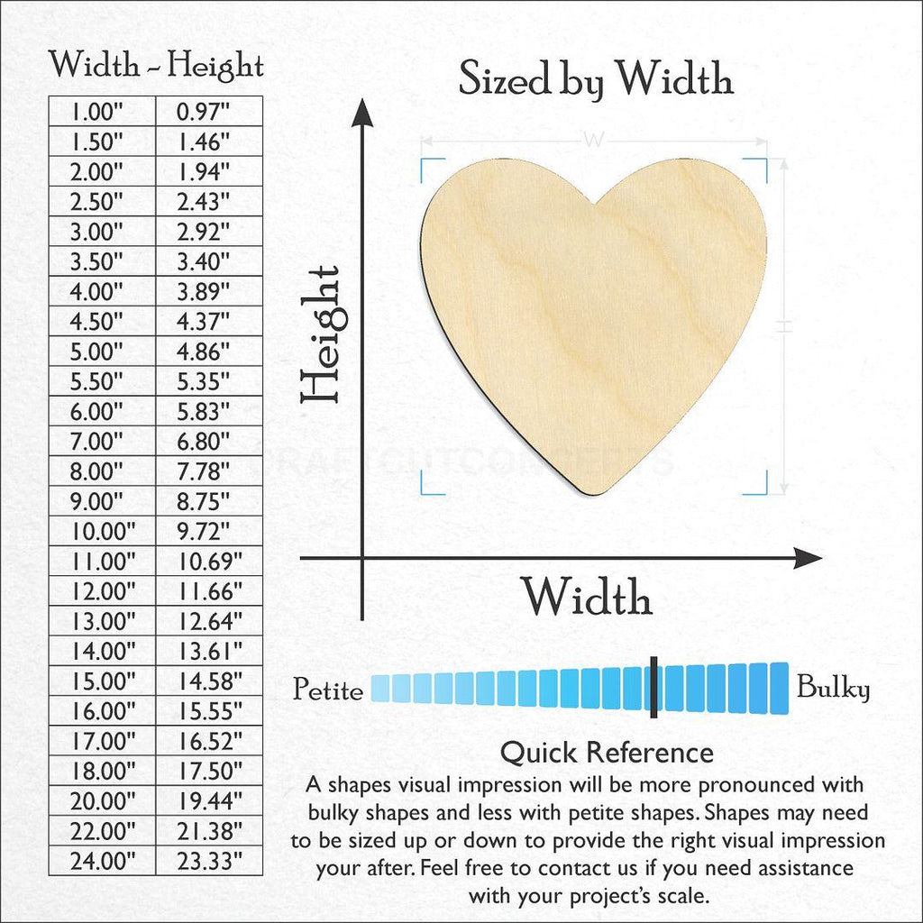 Sizes available for a laser cut Heart craft blank