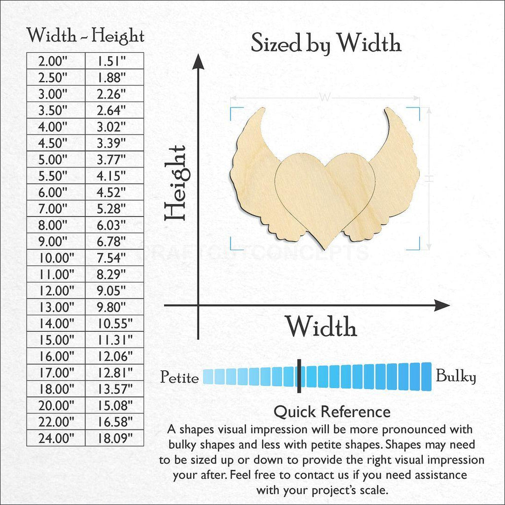 Sizes available for a laser cut Heart with Wings craft blank