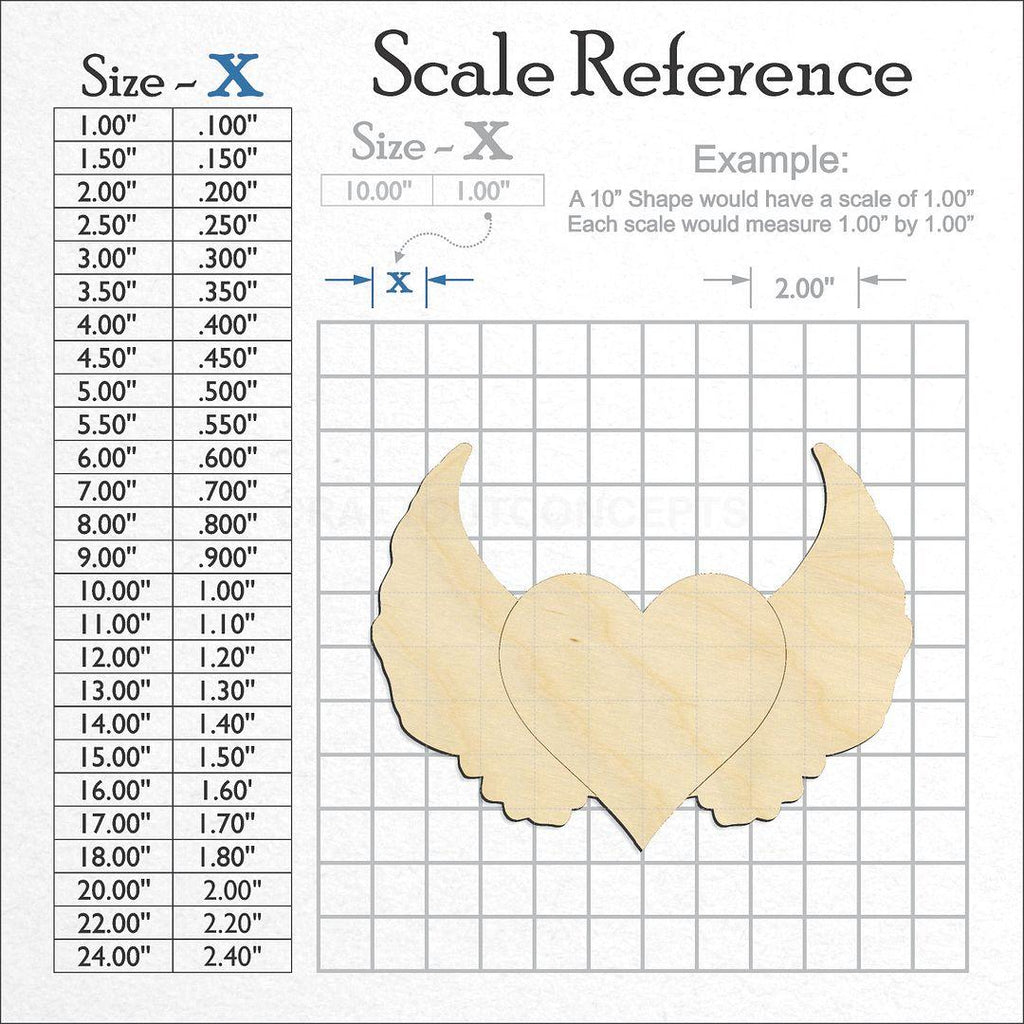 A scale and graph image showing a wood Heart with Wings craft blank