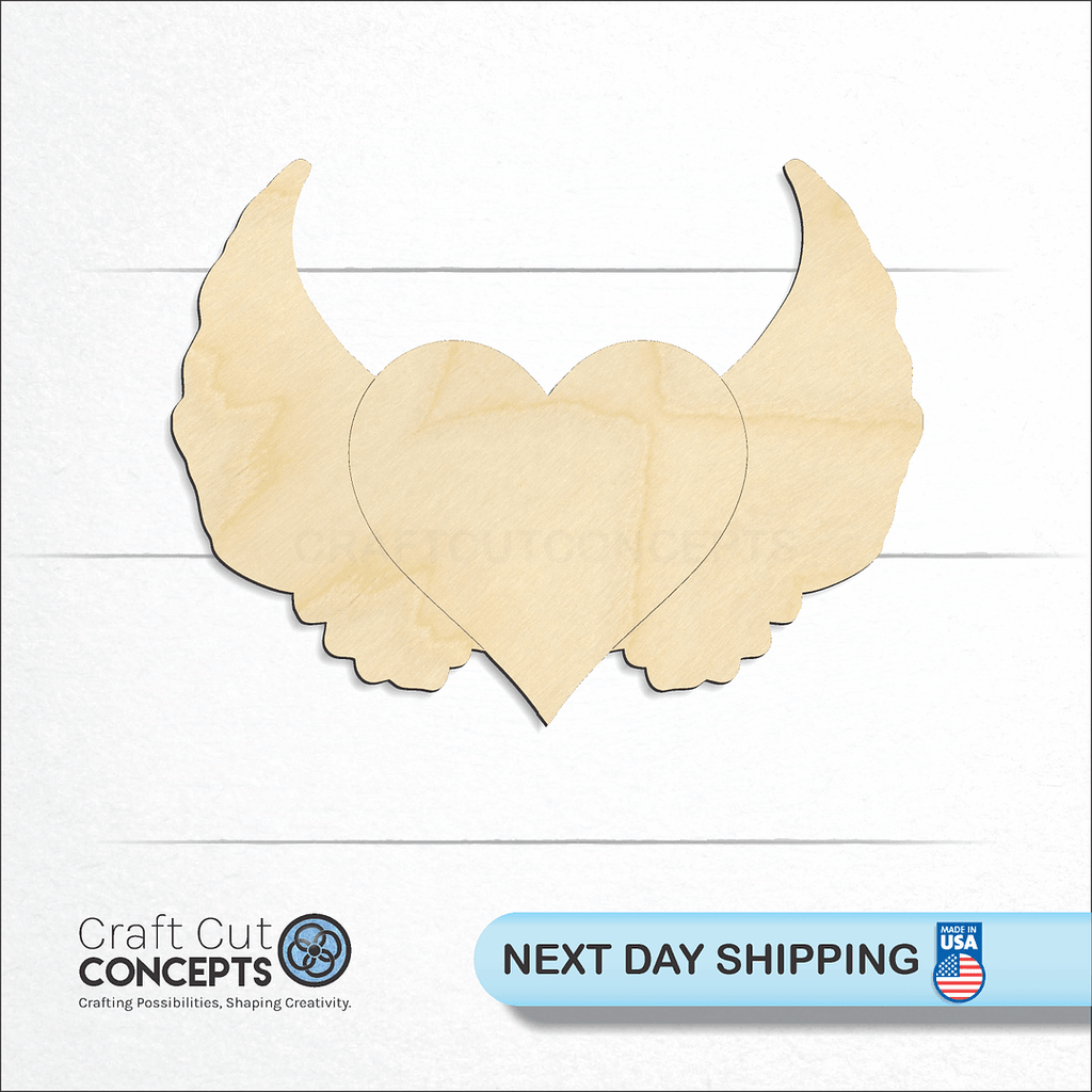 Craft Cut Concepts logo and next day shipping banner with an unfinished wood Heart with Wings craft shape and blank