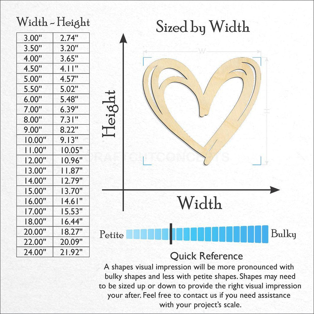 Sizes available for a laser cut Scribble Heart craft blank