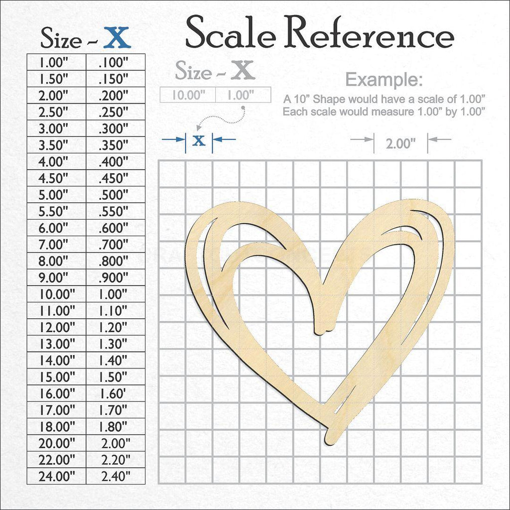 A scale and graph image showing a wood Scribble Heart craft blank