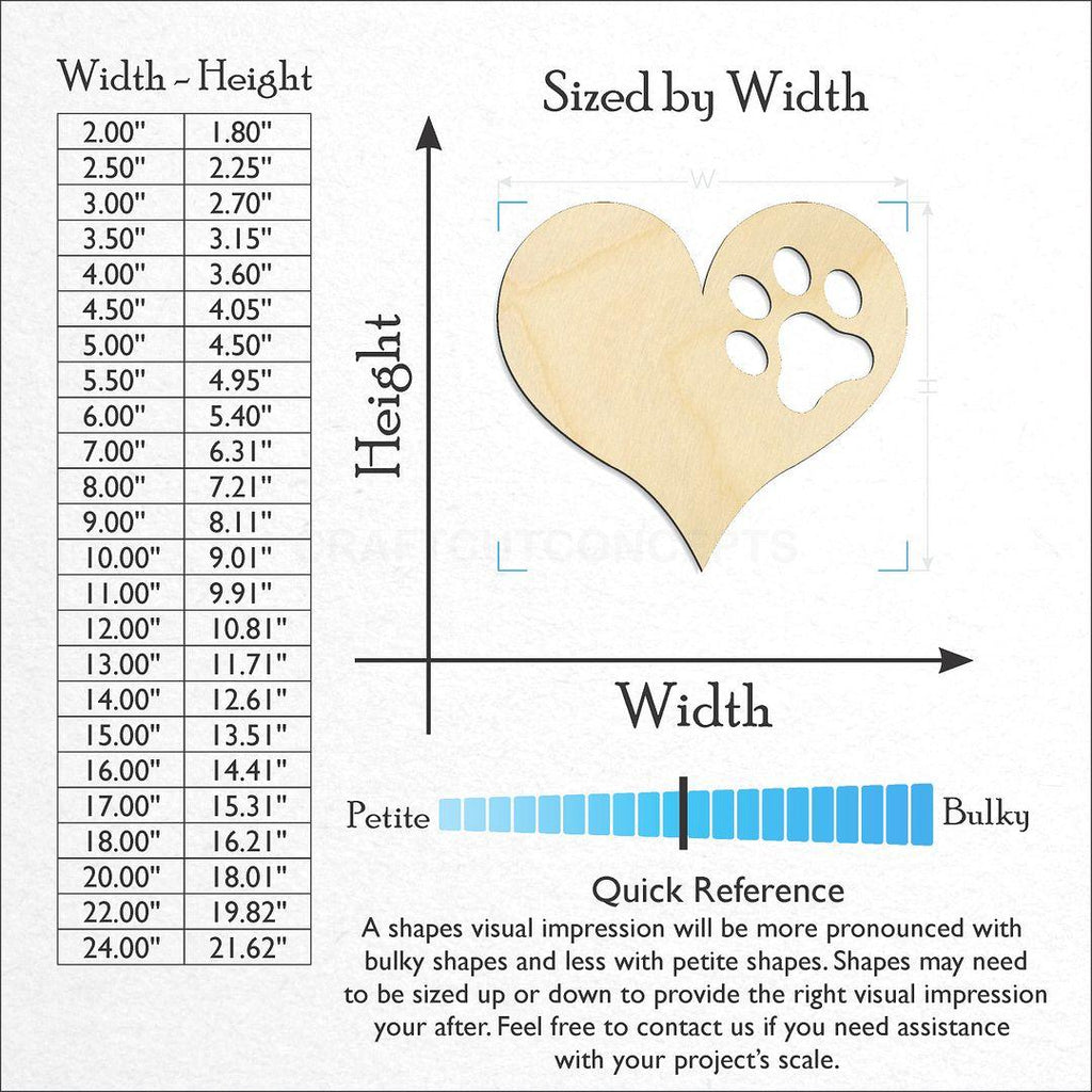 Sizes available for a laser cut Paw Print Heart craft blank