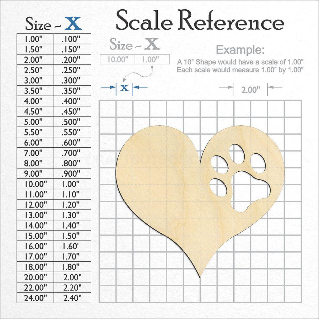 A scale and graph image showing a wood Paw Print Heart craft blank