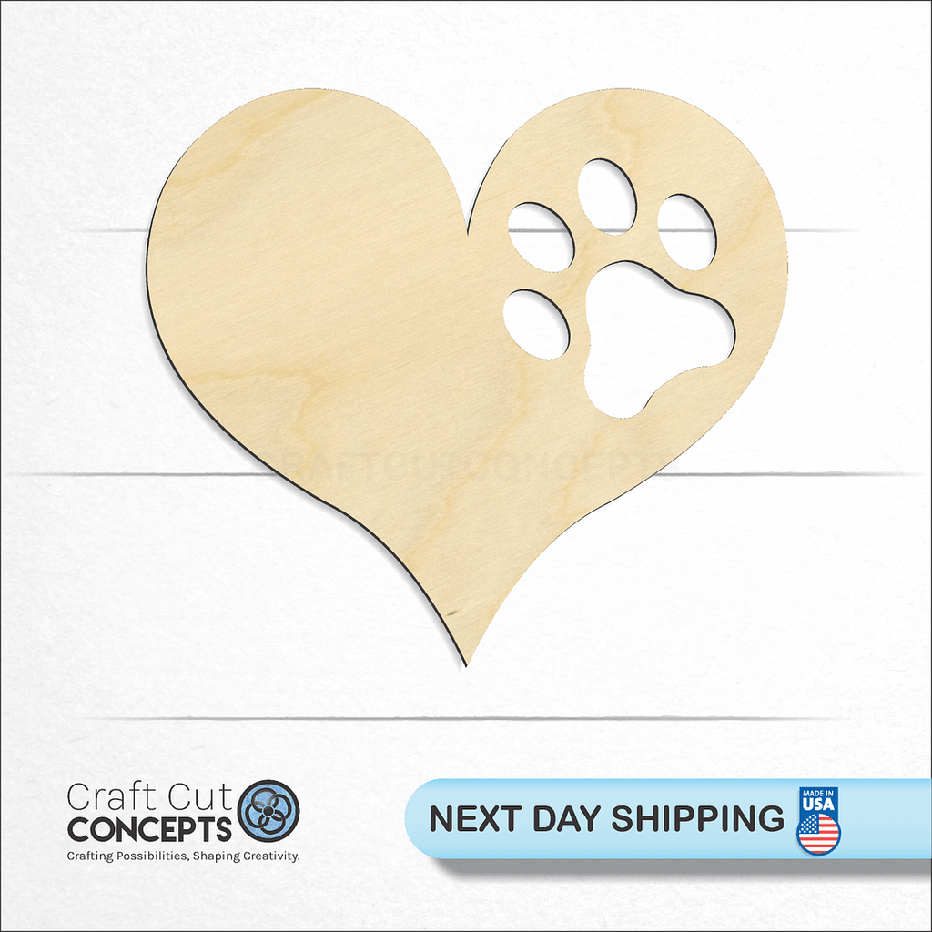 Craft Cut Concepts logo and next day shipping banner with an unfinished wood Paw Print Heart craft shape and blank