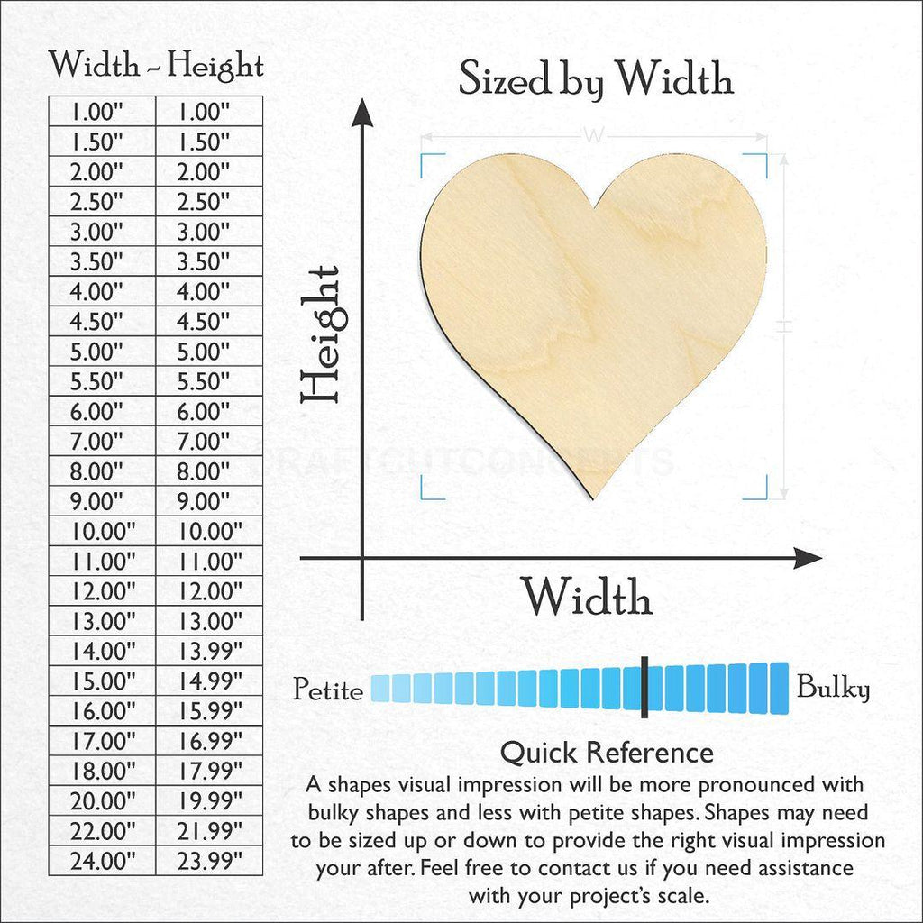 Sizes available for a laser cut Heart craft blank