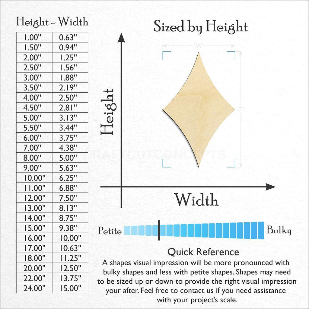 Sizes available for a laser cut Curved Diamond craft blank