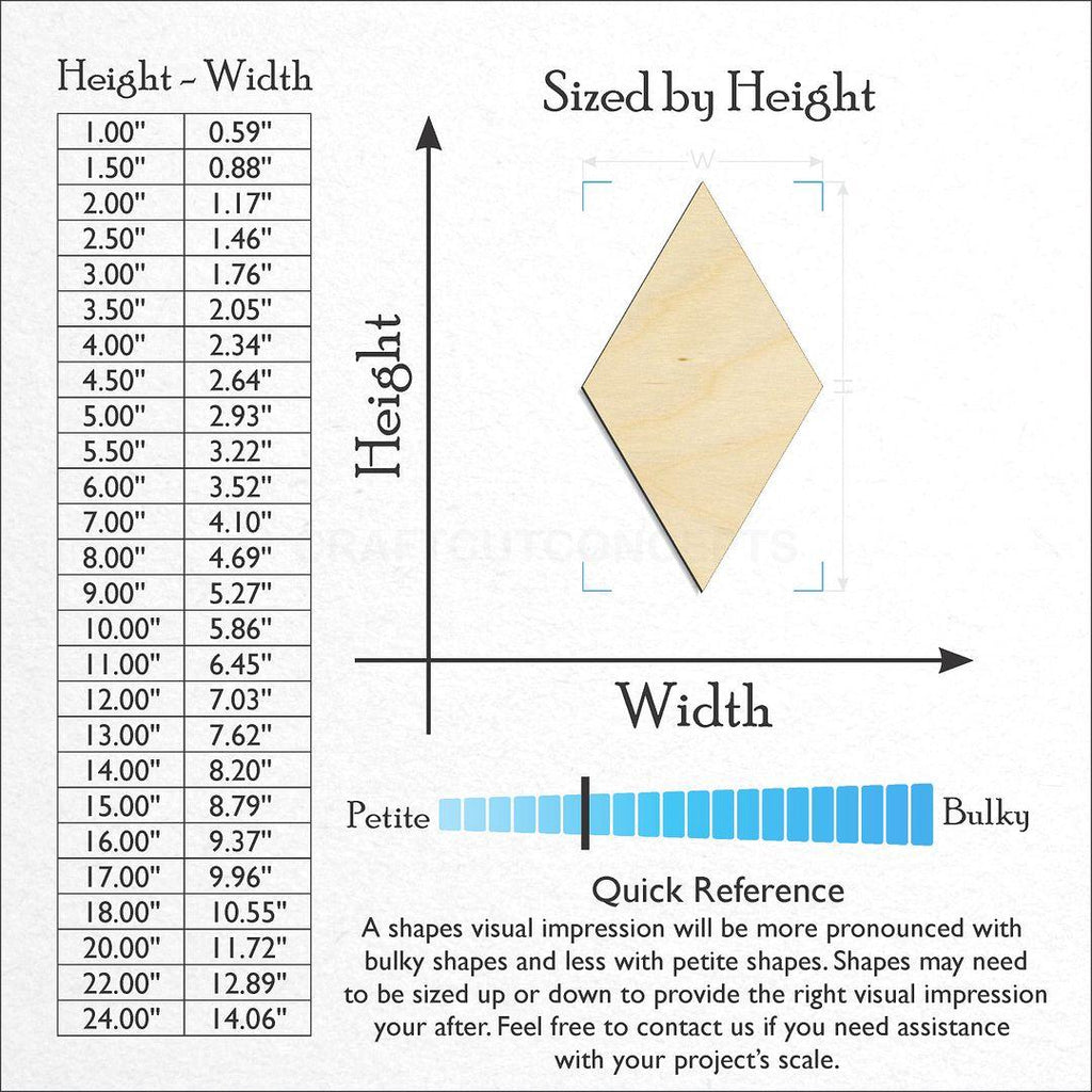 Sizes available for a laser cut Diamond craft blank