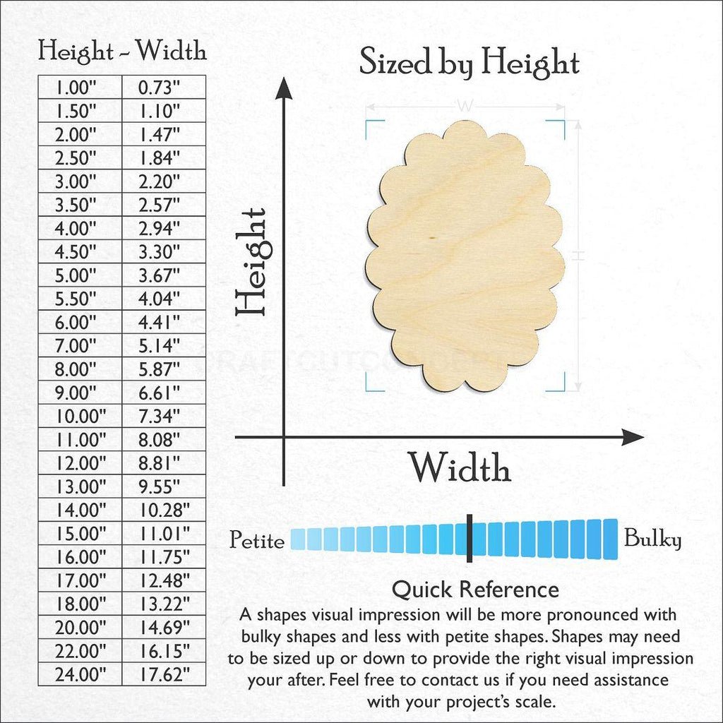 Sizes available for a laser cut Scalloped Oval craft blank