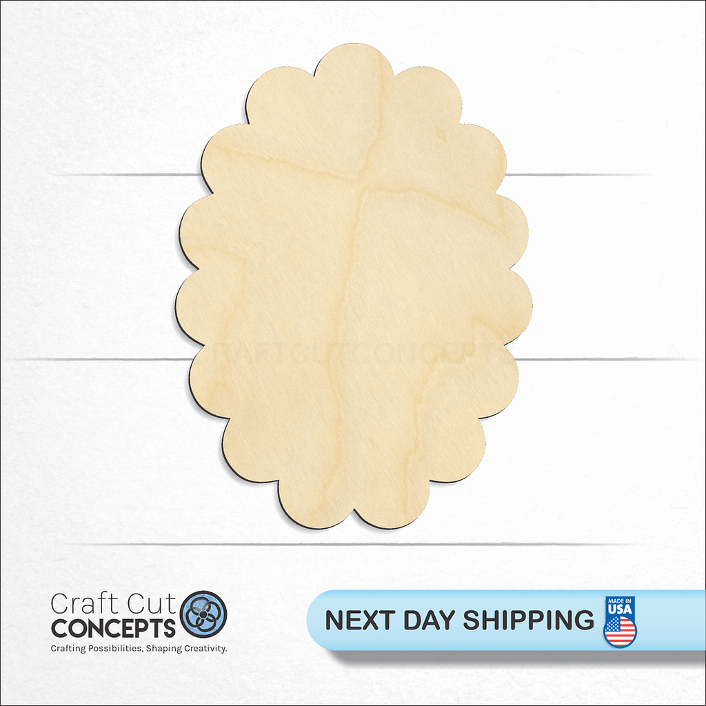 Craft Cut Concepts logo and next day shipping banner with an unfinished wood Scalloped Oval craft shape and blank