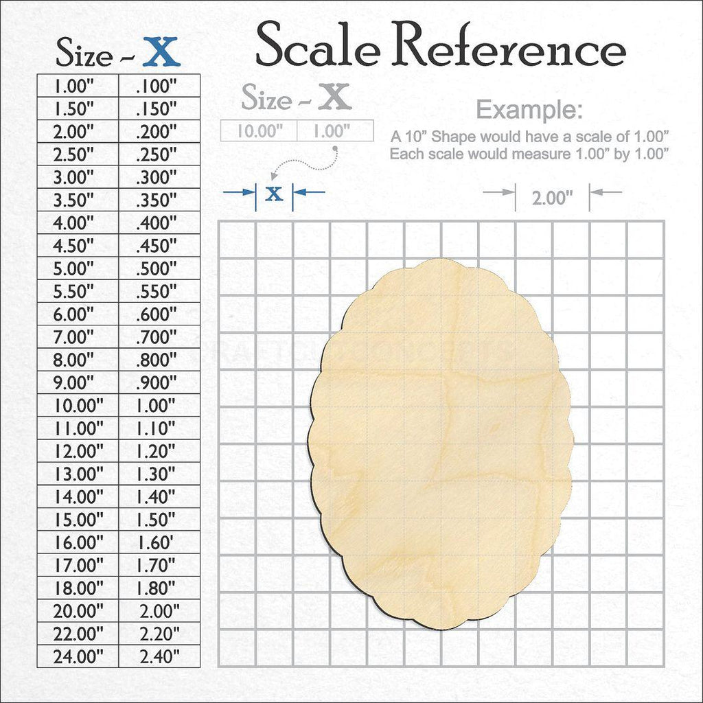 A scale and graph image showing a wood Rough Scalloped Oval craft blank