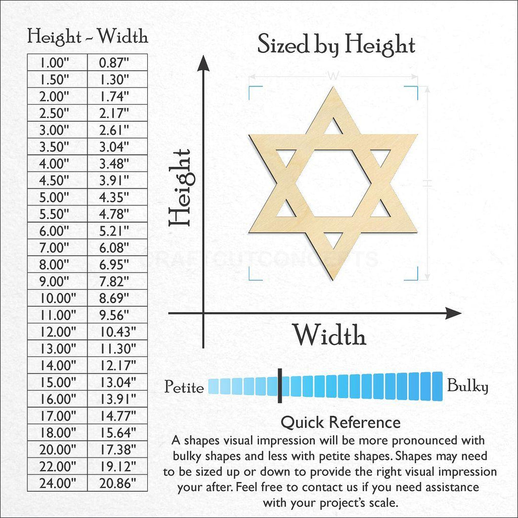 Sizes available for a laser cut Star of David craft blank