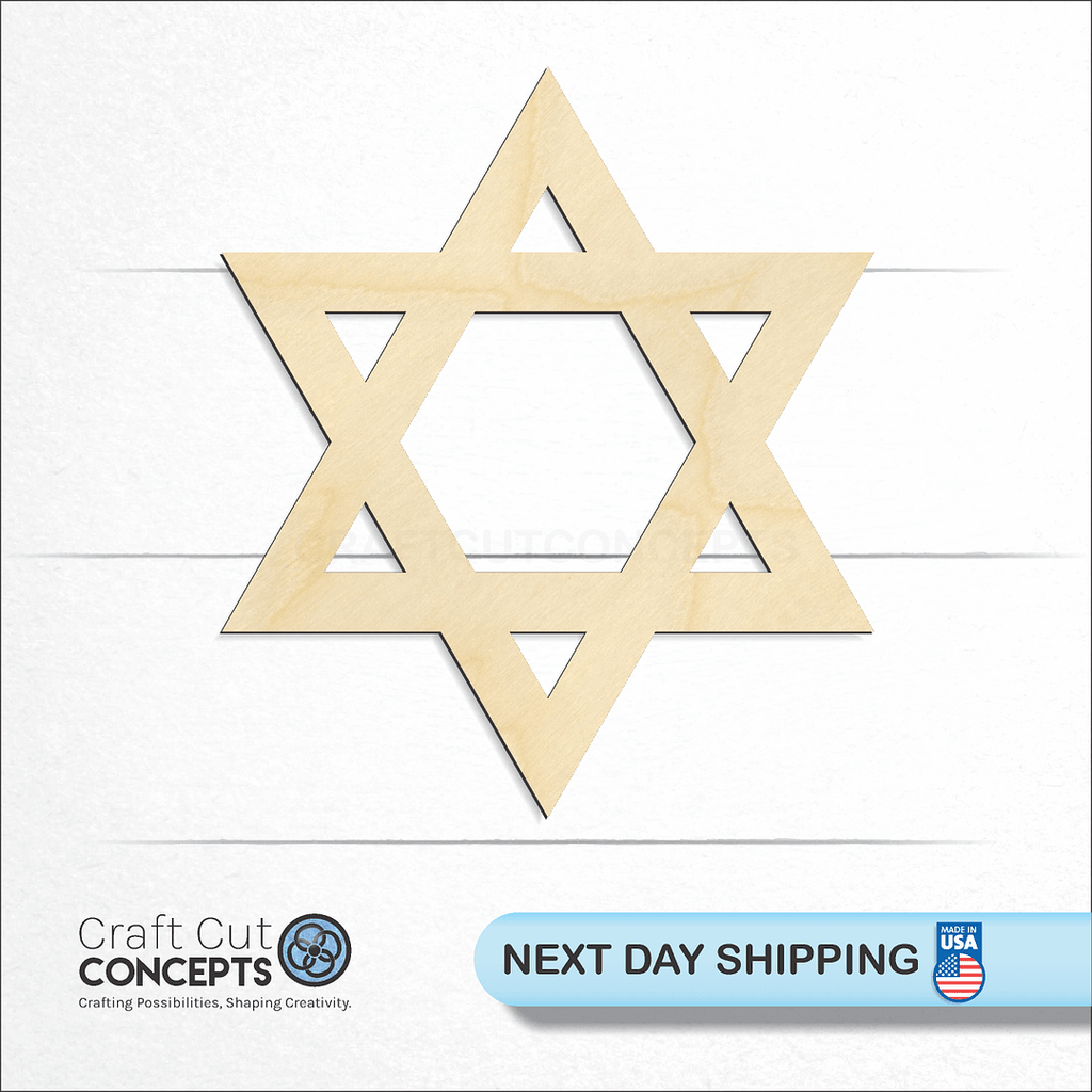 Craft Cut Concepts logo and next day shipping banner with an unfinished wood Star of David craft shape and blank
