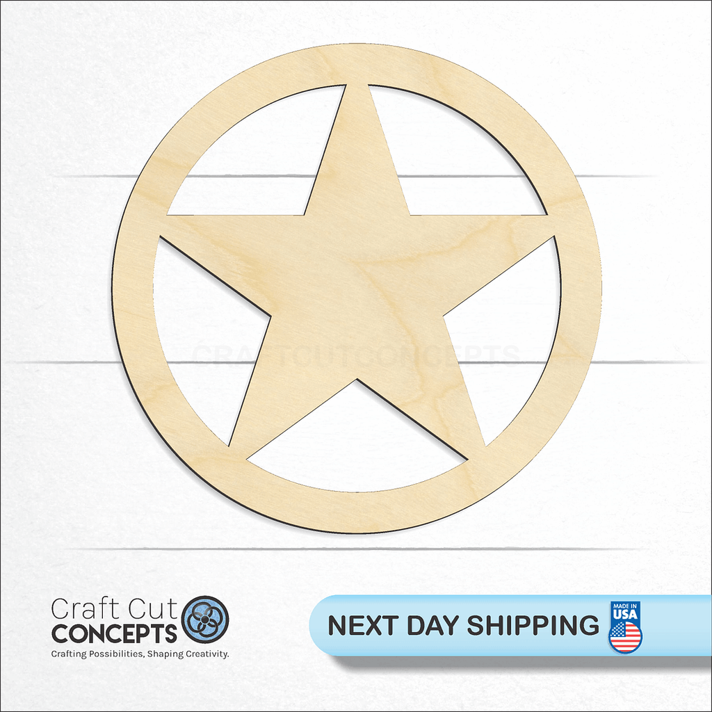 Craft Cut Concepts logo and next day shipping banner with an unfinished wood Circle Star craft shape and blank