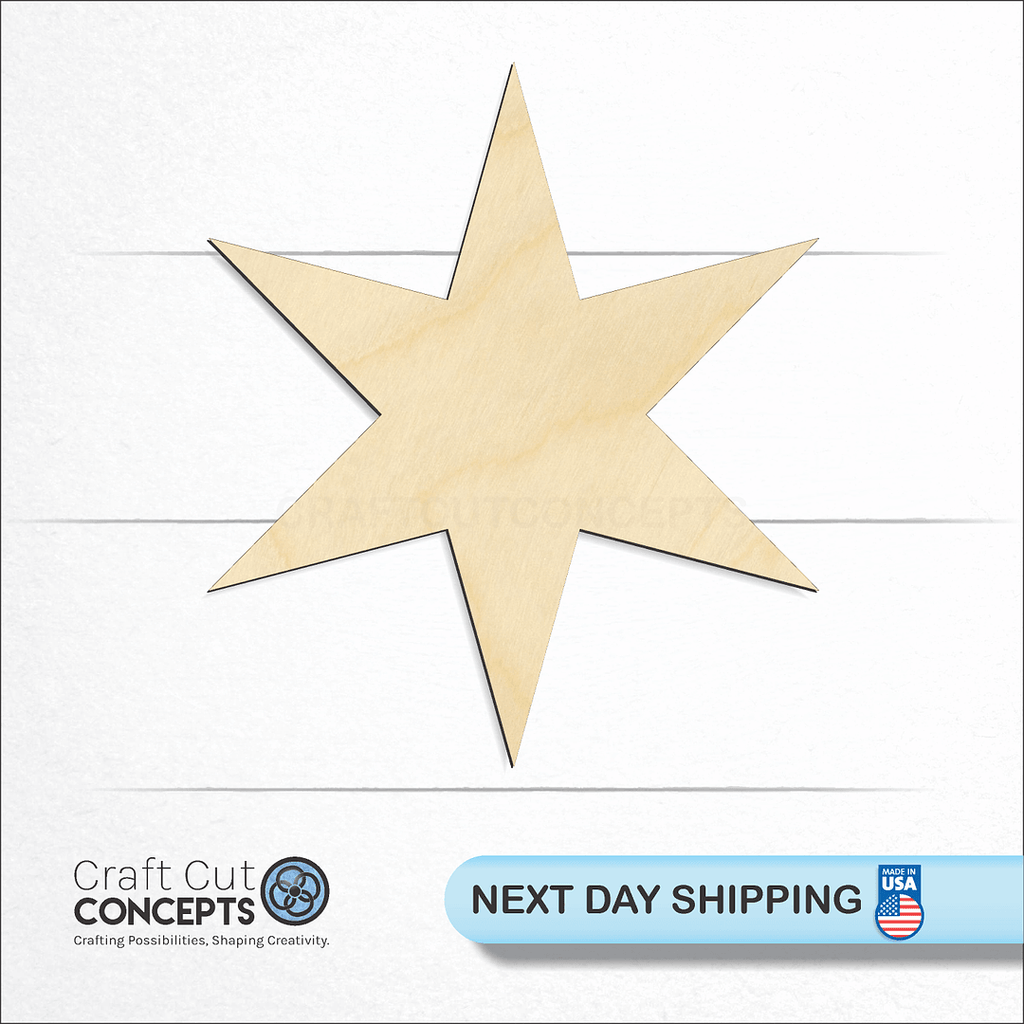 Craft Cut Concepts logo and next day shipping banner with an unfinished wood Sharp 6 Point Star craft shape and blank