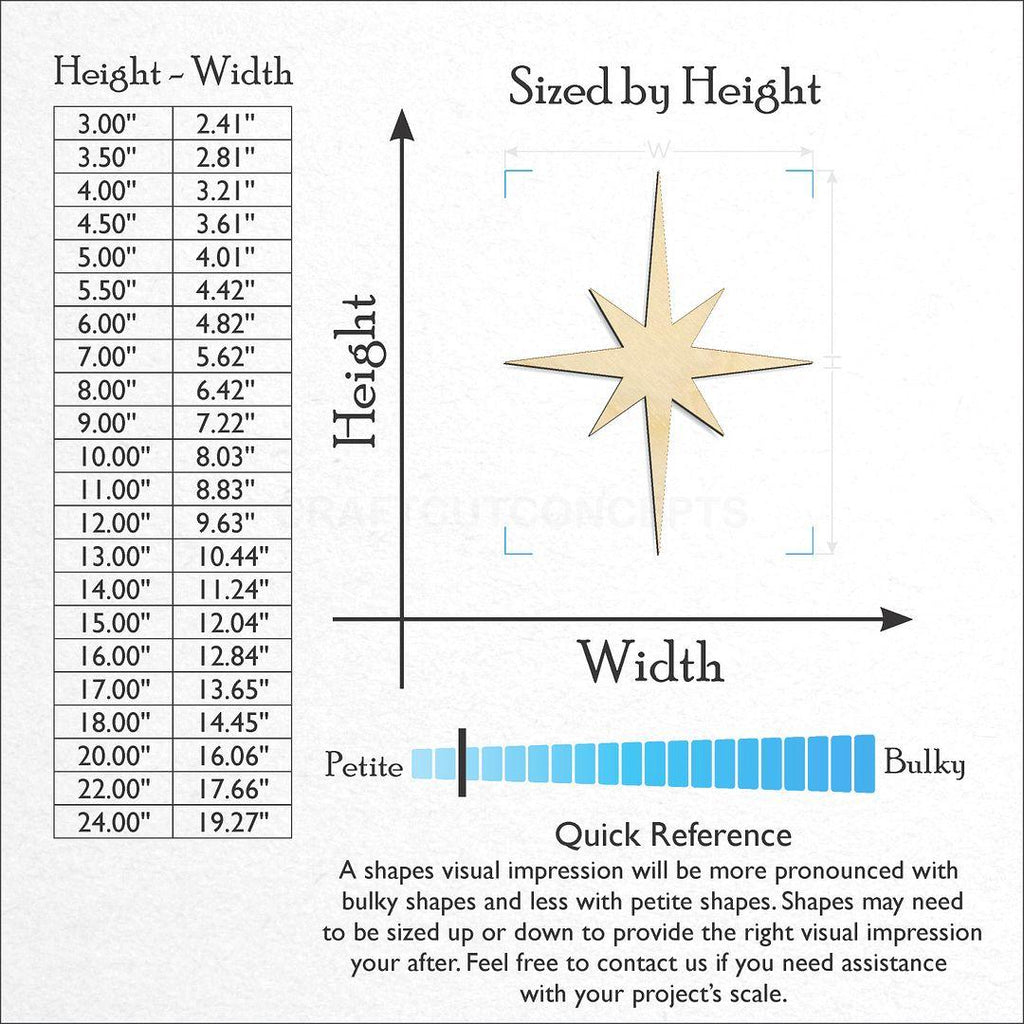 Sizes available for a laser cut Sharp North Star craft blank