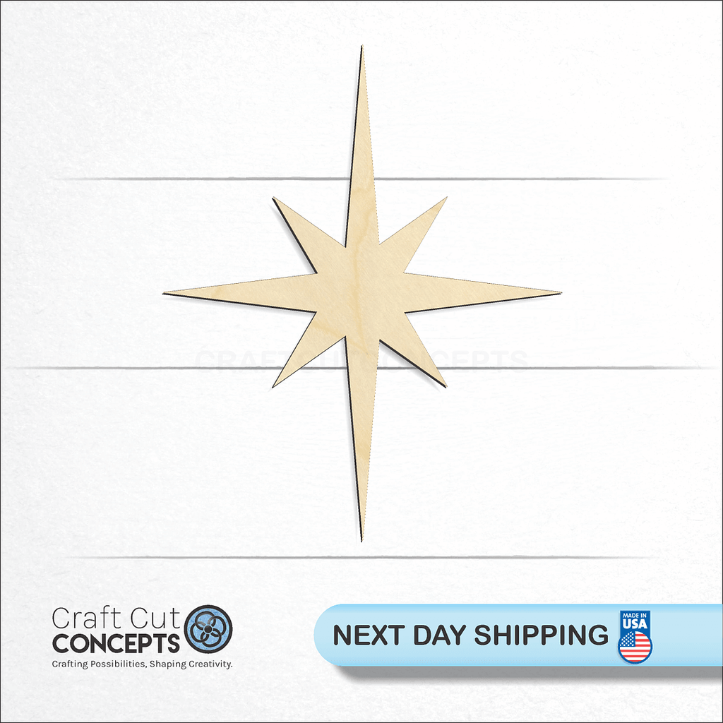 Craft Cut Concepts logo and next day shipping banner with an unfinished wood Sharp North Star craft shape and blank